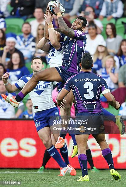 Sisa Waqa of the Storm catches a high ball during the NRL 2nd Elimination Final match between the Melbourne Storm and the Canterbury Bankstown...