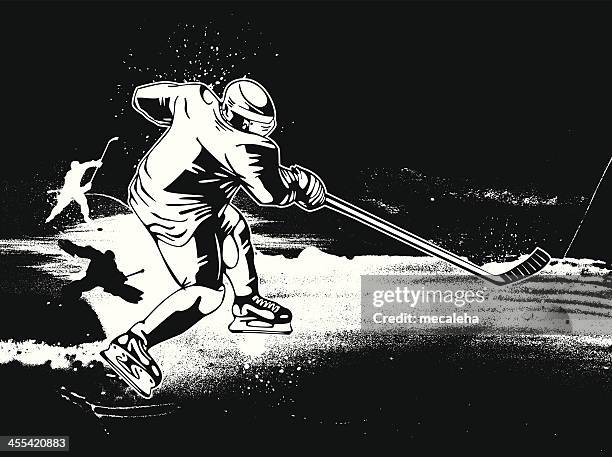 hockey player skating on ice with stick b&w vector image - ice hockey texture stock illustrations