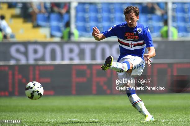 Manolo Gabbiadini of UC Sampdoria scores the opening goal during the Serie A match between UC Sampdoria and Torino FC at Stadio Luigi Ferraris on...