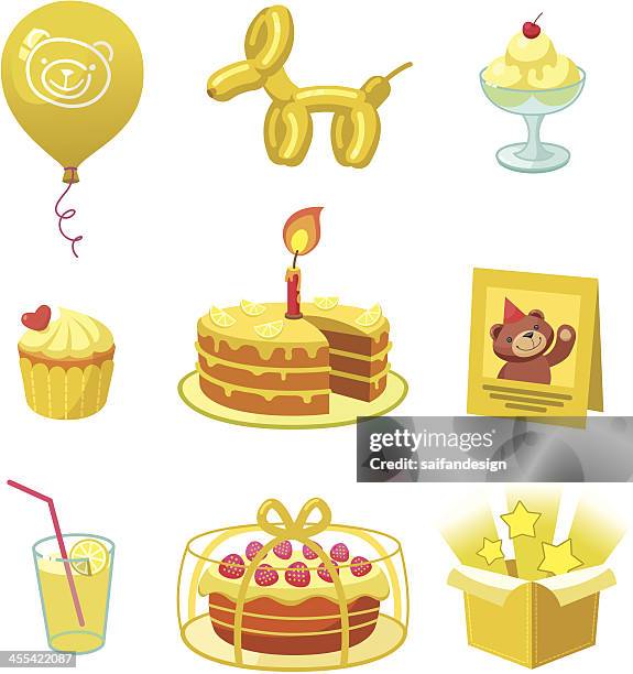 yellow birthday set - cake on face stock illustrations