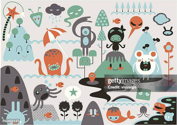 montage of cute cartoon monsters - octopus stock illustrations