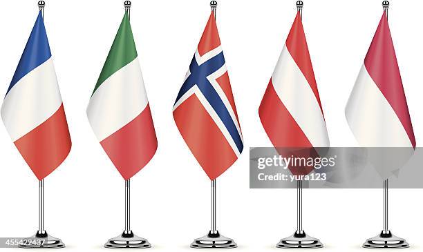 french, italian, norwegian, austrian and polish table flags - embassy stock illustrations