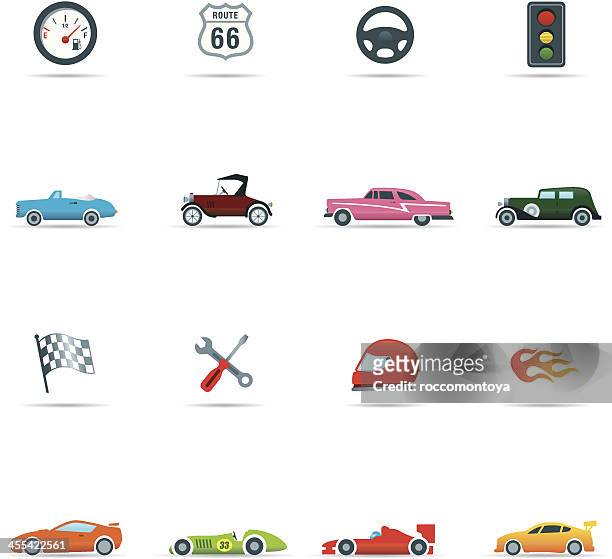 icon set, cars and mechanics color - vintage car stock illustrations