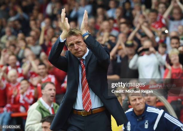 Notts Forest manager Stuart Pearce looks on during the Sky Bet Championship match between Nottingham Forest and Derby County at the City Ground on...