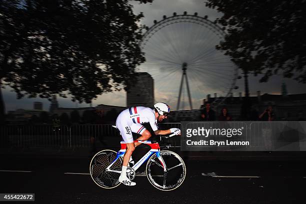 Sir Bradley Wiggins of Great Britain and Team SKY in action on his way to winning stage 8a of the 2014 Tour of Britain, an 8.8km time trial around...