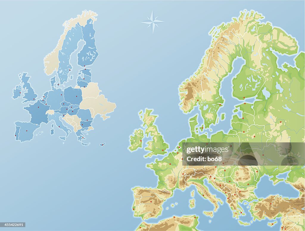 Europe - physical map and states of the European Union