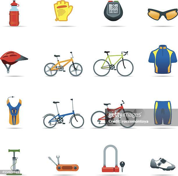 icon set, cycling things color - bike lock stock illustrations