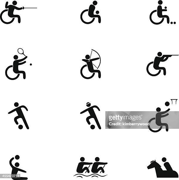 ilustraciones, imágenes clip art, dibujos animados e iconos de stock de discapacidad física conjunto de iconos de deportes - physical disability