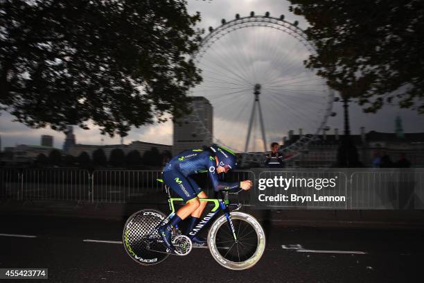 Alex Dowsett of Great Britain and the Movistar Team in action during stage 8a of the 2014 Tour of Britain, an 8.8km time trial around Whitelhall on...