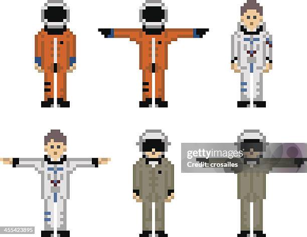 pixelated astronaut and military pilot male characters - space helmet stock illustrations