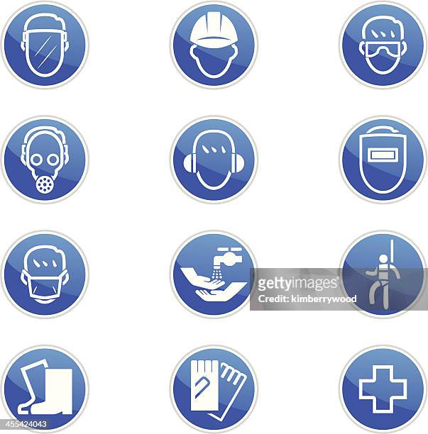 set of twelve blue and white safety icons - safety first stock illustrations