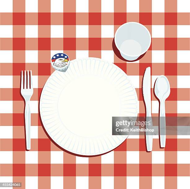 picnic place setting with american eagle bottle cap - paper plate stock illustrations