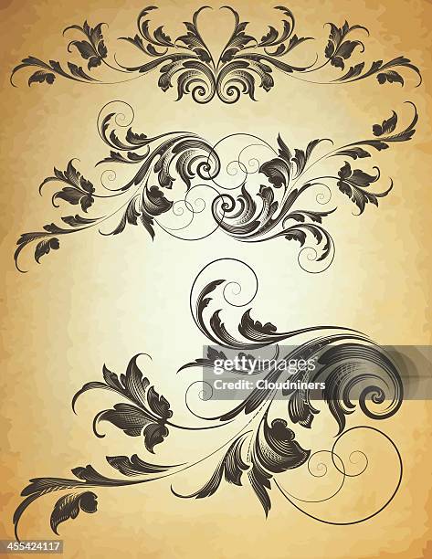 flourish arabesque parchment scrollwork - vintage floral pattern stock illustrations