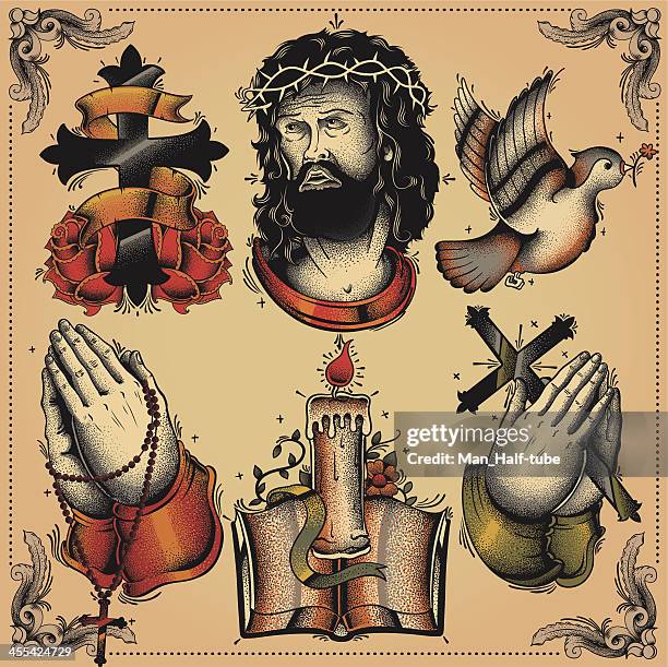 ilustraciones, imágenes clip art, dibujos animados e iconos de stock de religiosa tatuaje flash - jesus