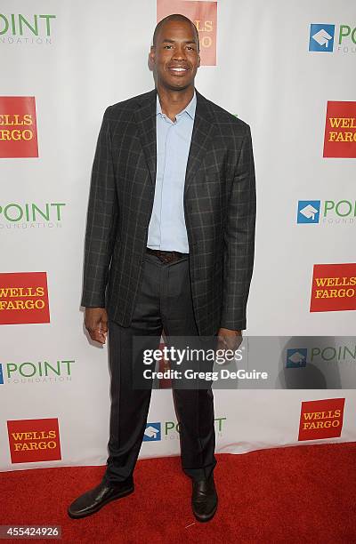 Player Jason Collins arrives at Point Foundation's Annual "Voices On Point" Fundraising Gala at the Hyatt Regency Century Plaza on September 13, 2014...