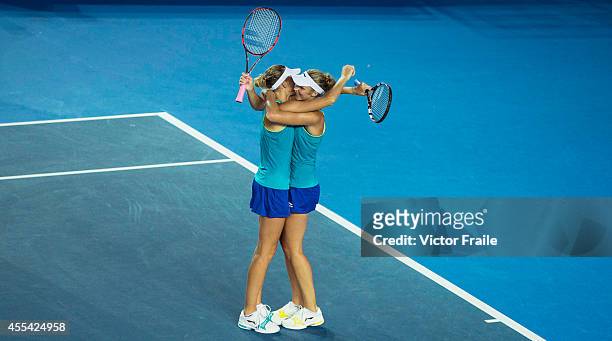 Karolina and Kristyna Pliskova of Czech Republic celebrate after winning the doubles final match during the Hong Kong Tennis Open against Patricia...