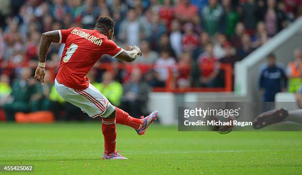 Britt Assombalonga of Forest scpores to make it 1-0 during the Sky Bet Championship match between Nottingham Forest and Derby County at the City...