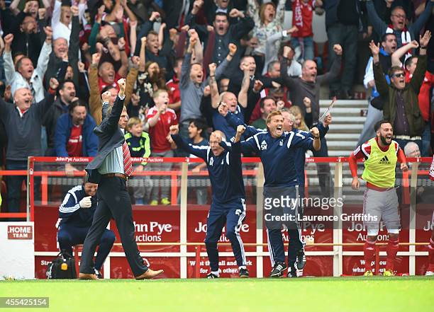 Stuart Pearce of Nottingham Forest celebrates his sides goal during the Sky Bet Championship match between Nottingham Forest and Derby County at City...