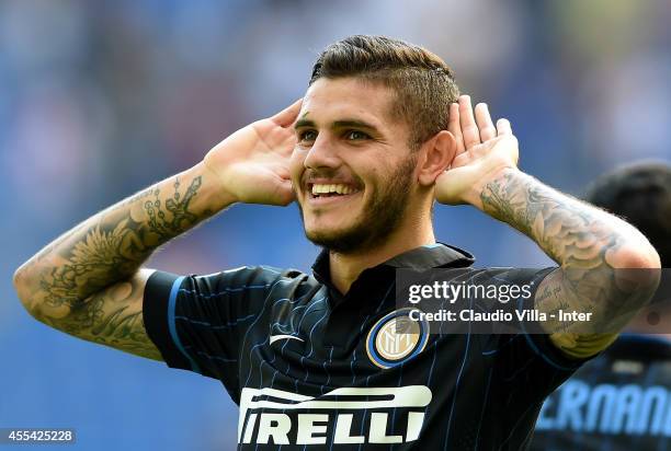 Mauro Icardi of FC Internazionale Milano celebrates his second goal during the Serie A match between FC Internazionale Milano and US Sassuolo Calcio...