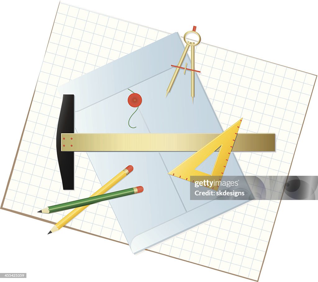 Graphics Tools Layout with Pencils, Envelope, Compass, Triangle, Graph Paper