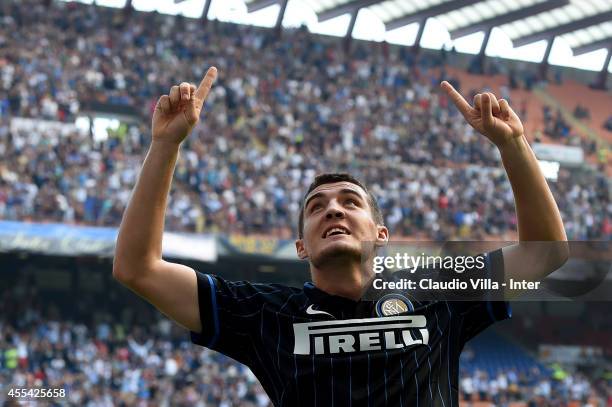 Mateo Kovacic of FC Internazionale Milano celebrates his first goal during the Serie A match between FC Internazionale Milano and US Sassuolo Calcio...