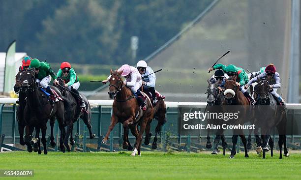 Thierry Jarnet riding Treve challenged wide but finished unplaced at Longchamp racecourse on September 14, 2014 in Paris, France.