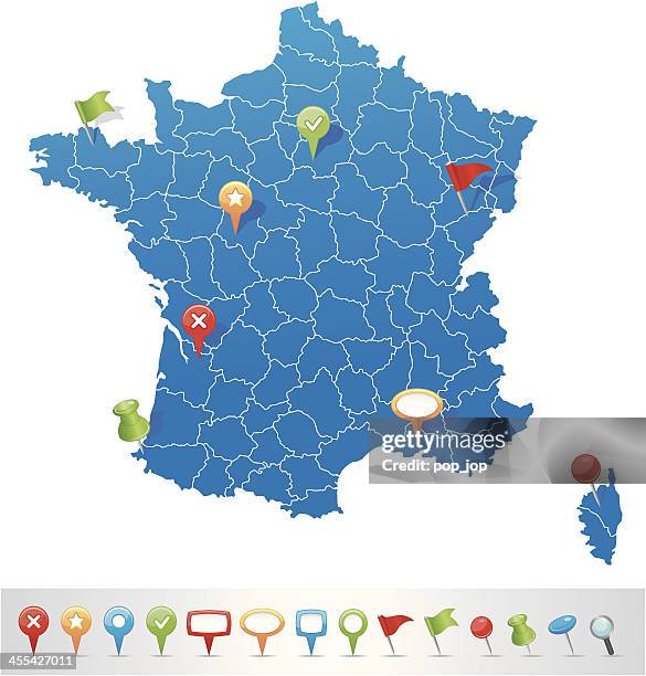 blue map of departements of france with map navigation icons - lens france stock illustrations