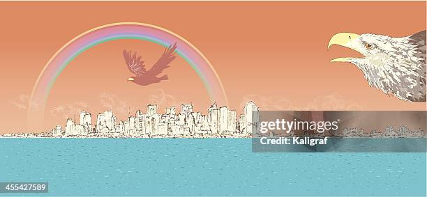 new york city with bald eagle - eagle flying 幅插畫檔、美工圖案、卡通及圖標