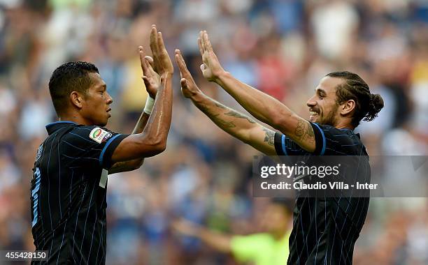 Pablo Daniel Osvaldo of FC Internazionale Milano celebrates his second goal during the Serie A match between FC Internazionale Milano and US Sassuolo...