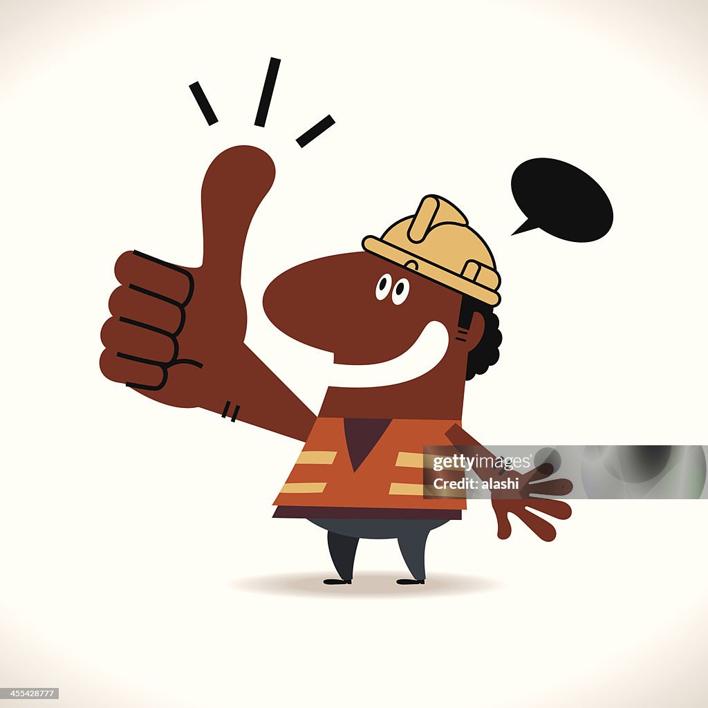 Smiling happy construction(builder) worker with thumbs up hand gesture