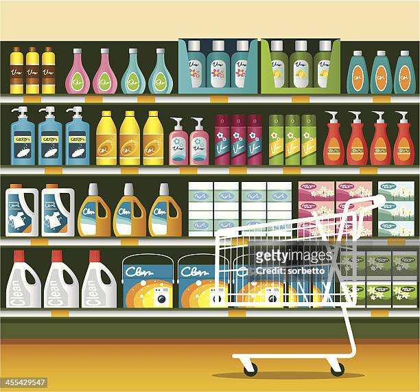 ilustraciones, imágenes clip art, dibujos animados e iconos de stock de supermercado con limpieza de embalaje de producto - cosmética