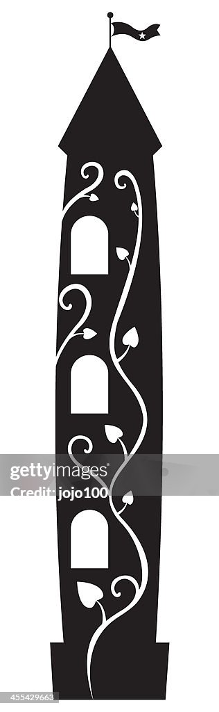 Tower Silhouette with Fluttering Flag and Climbing Beanstalk