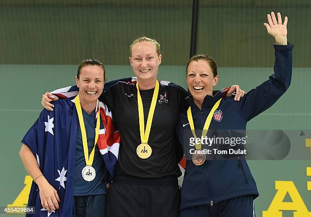 Sarah Webster of Australia , Kimberley Sterling of Great Britain and Patricia Collins of United States pose for photos with their medals after the...
