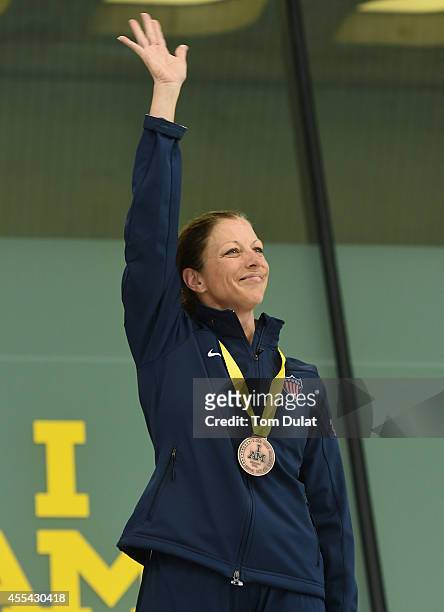 Patricia Collins of United States poses with her Bronze Medal after the Women's S10 50m Freestyle on Day Four of Invictus Games at Olympic Park on...