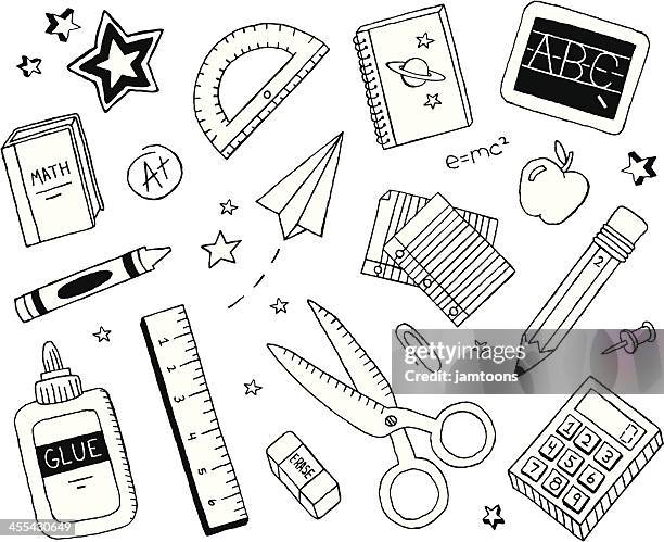 schule und kritzeleien - büromaterial stock-grafiken, -clipart, -cartoons und -symbole