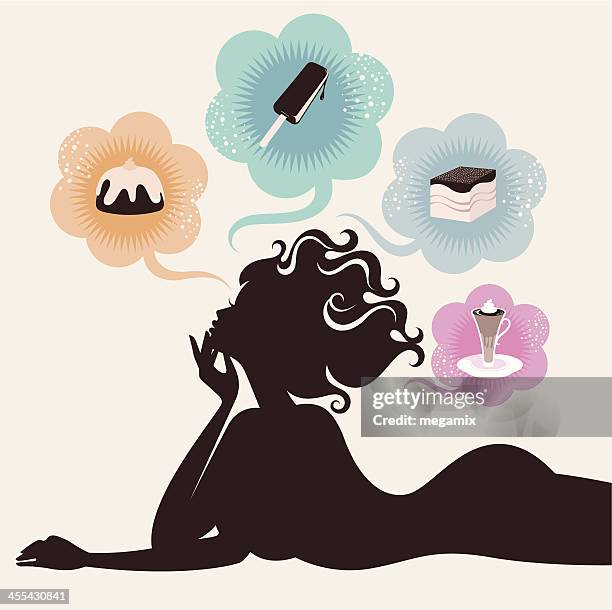 woman and sweets. - woman eating chocolate mousse stock illustrations