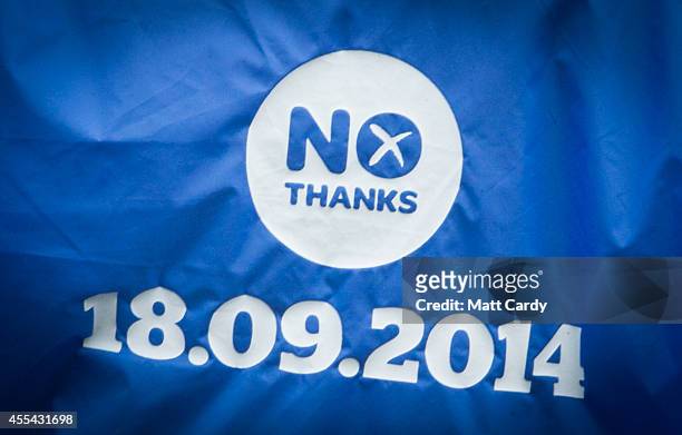 The back of a No vote supporter's jacket is seen as they gather at the Grange Club for the Big No aerial photocall on September 14, 2014 in...