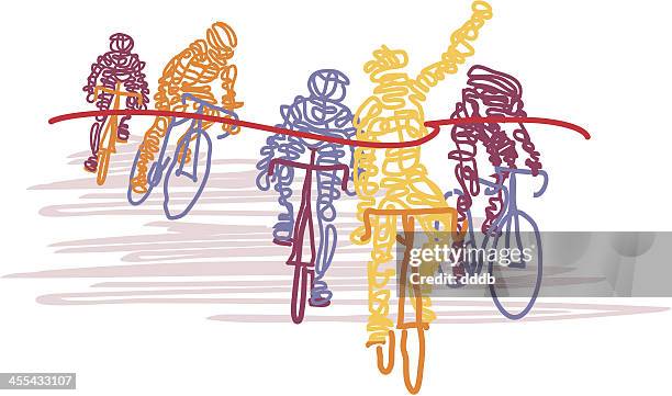 scribbled cyclists cross the finish line - yellow jersey cycling vest stock illustrations