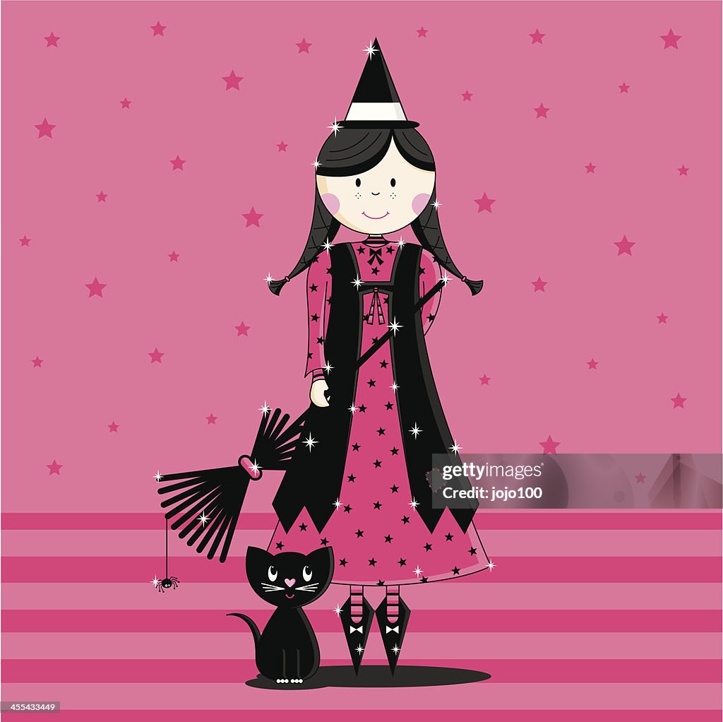 Cute Pink Halloween Witch Character with Black Cat