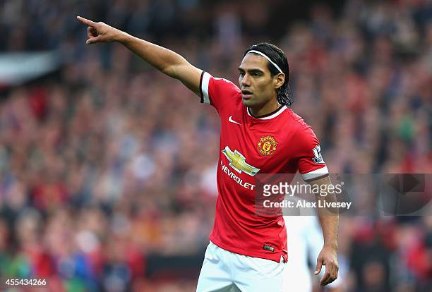 Radamel Falcao of Manchester United gestures during the Barclays Premier League match between Manchester United and Queens Park Rangers at Old...