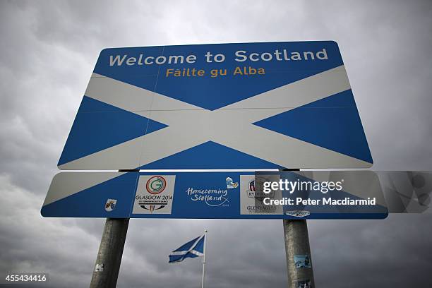 Welcome to Scotland sign stands on the border with England on September 14, 2014 in Carter Bar, Scotland. The latest polls in Scotland's independence...