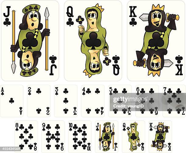 cartoon playing cards - clubs suit - king playing card stock illustrations