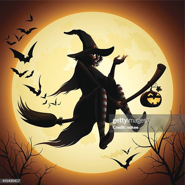 witch flying on a broomstick and bats - witch stock illustrations