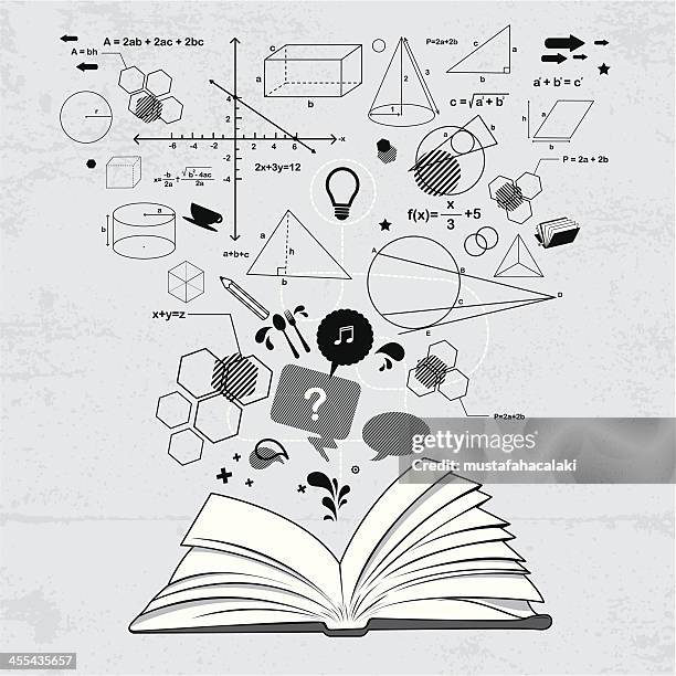 ilustraciones, imágenes clip art, dibujos animados e iconos de stock de libro de las soluciones - simbolos matematicos