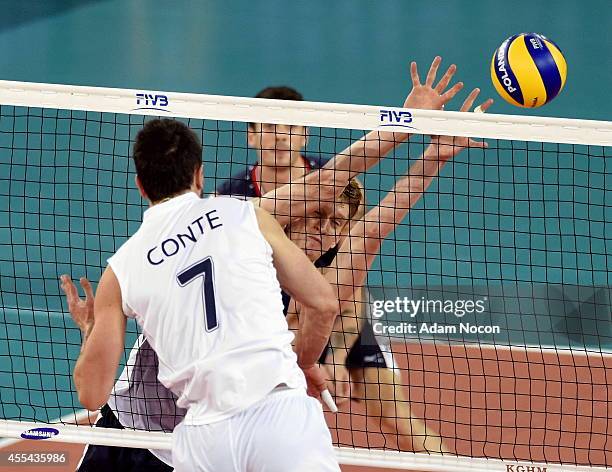 Maxwell Holt of the United States blocks during the FIVB World Championships match between Argentina and USA on September 14, 2014 in Bydgoszcz,...