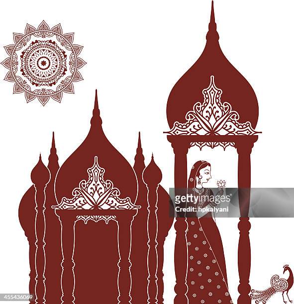 mehndi (henna) indian beauty with domes - rajasthani women stock illustrations