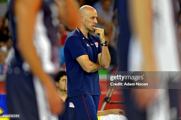 S coach John Speraw looks on during the FIVB World Championships match between Argentina and USA on September 14, 2014 in Bydgoszcz, Poland.