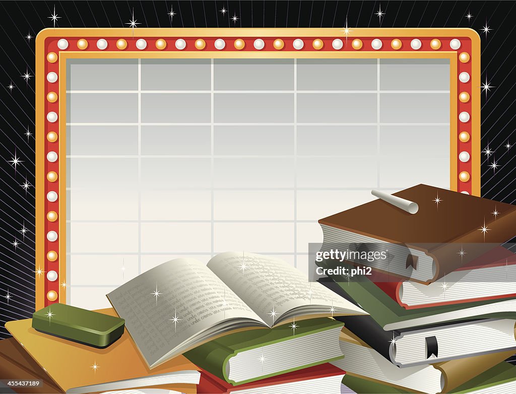 Marquee Neon Frame and Stacks of Books Vector