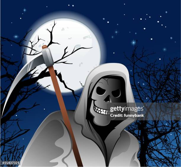 grim reaper on night - dying tree stock illustrations