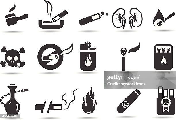 ilustraciones, imágenes clip art, dibujos animados e iconos de stock de conjunto de iconos para fumadores - fumar